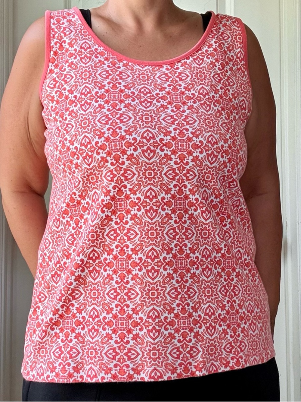 Lands' End Coral and White Printed Scoop Neck Tank